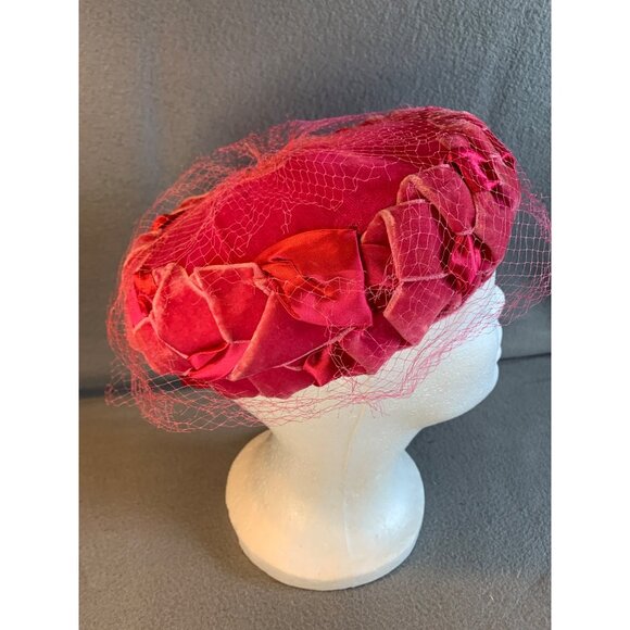 Ladies Pink Satin and Velvet Braided Hat Sz 22 Vintage - Picture 4 of 10